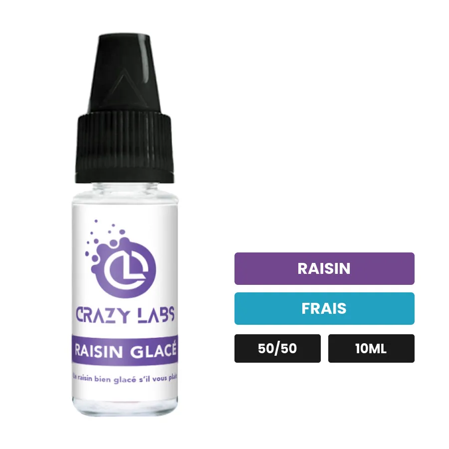 E-liquide Raisin Glacé de Crazy Labs, 10 ml, saveurs raisin et frais, sans nicotine de nicotine.