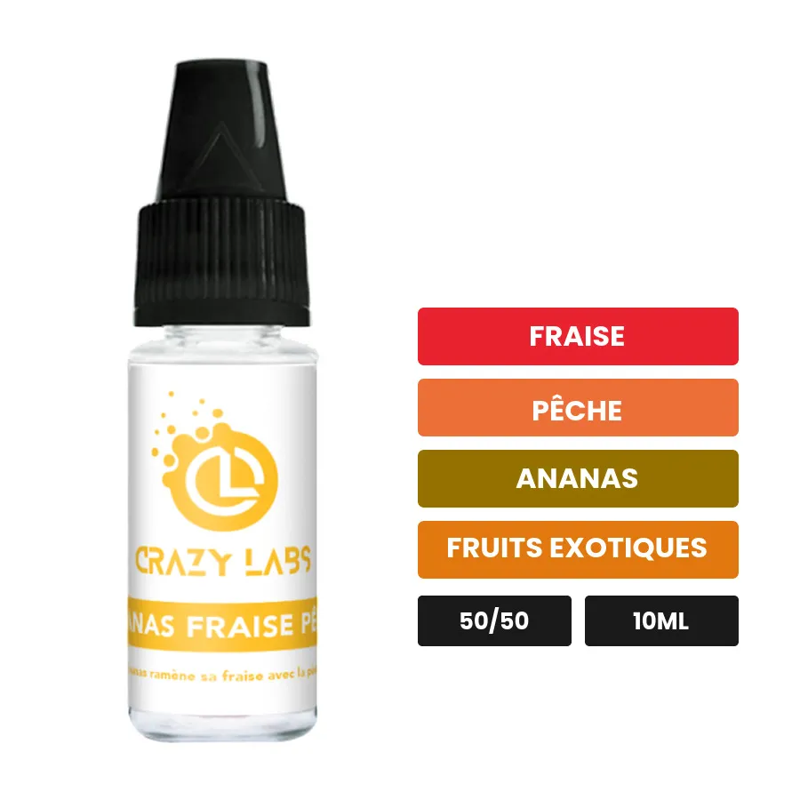 E-liquide Ananas Fraise Pêche de Crazy Labs, 10 ml, saveurs fraise, pêche, ananas et 1 autre, sans nicotine de nicotine.