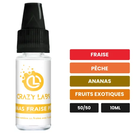 E-liquide Ananas Fraise Pêche de Crazy Labs, 10 ml, saveurs fraise, pêche, ananas et 1 autre, sans nicotine de nicotine.