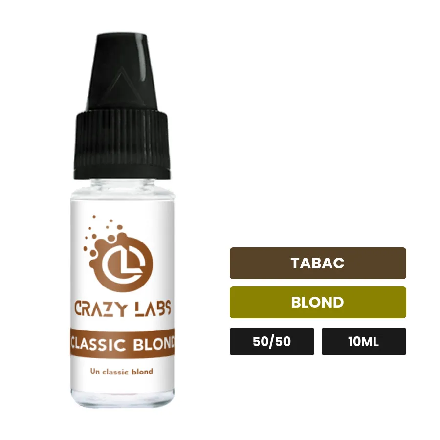 E-liquide Classic Blond de Crazy Labs, 10 ml, saveurs tabac et blond, sans nicotine de nicotine.