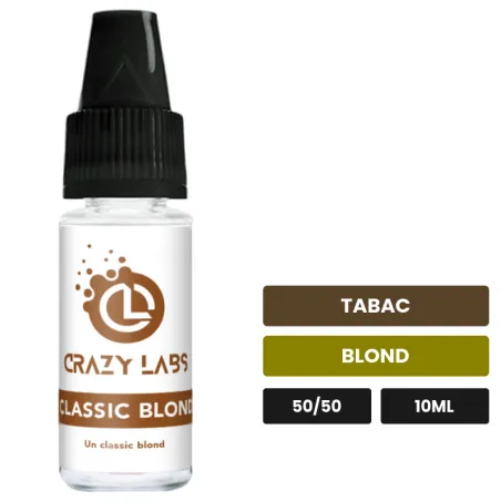 E-liquide Classic Blond de Crazy Labs, 10 ml, saveurs tabac et blond, sans nicotine de nicotine.