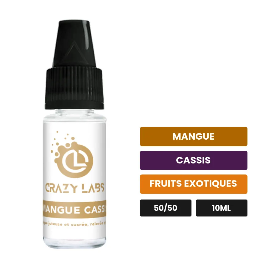 E-liquide Mangue Cassis de Crazy Labs, 10 ml, saveurs mangue, cassis et fruits exotiques, sans nicotine de nicotine.