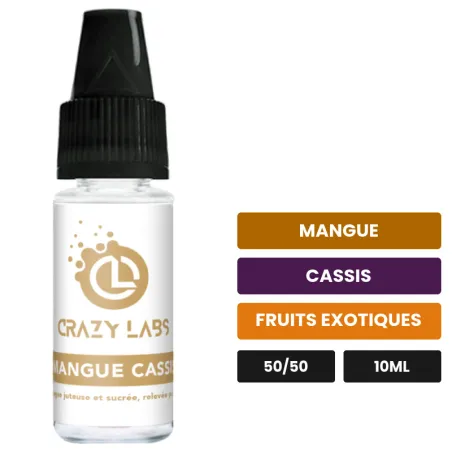 E-liquide Mangue Cassis de Crazy Labs, 10 ml, saveurs mangue, cassis et fruits exotiques, sans nicotine de nicotine.