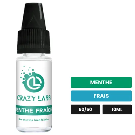 E-liquide Menthe Fraîche de Crazy Labs, 10 ml, saveurs menthe et frais, sans nicotine de nicotine.