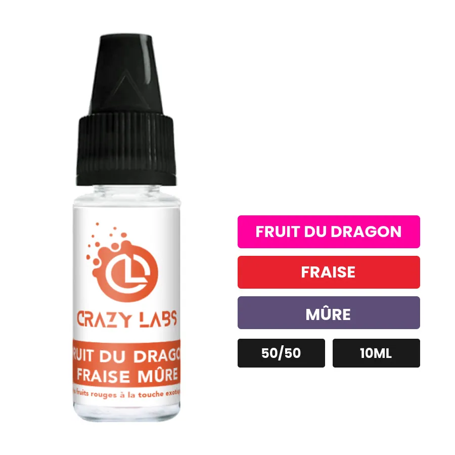 E-liquide Fruit du Dragon Fraise Mûre de Crazy Labs, 10 ml, saveurs fruit du dragon, fraise et mûre, sans nicotine de.