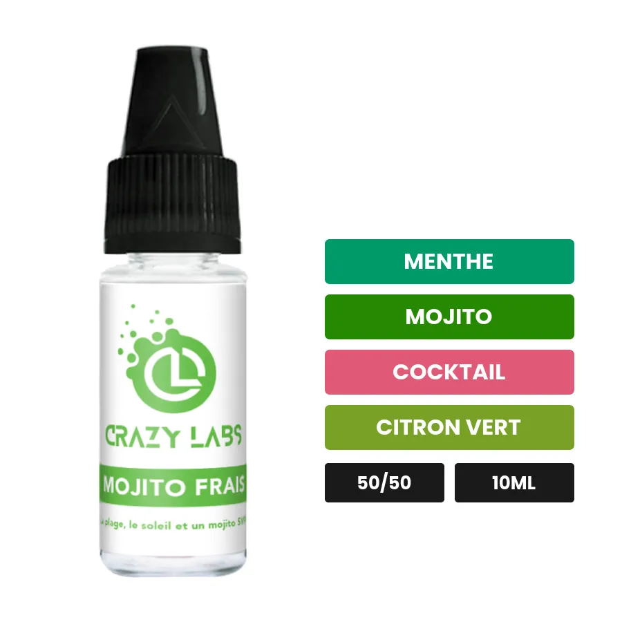 E-liquide Mojito Frais de Crazy Labs, 10 ml, saveurs menthe, mojito, cocktail et 2 autres, sans nicotine de nicotine.
