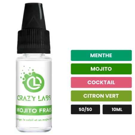 E-liquide Mojito Frais de Crazy Labs, 10 ml, saveurs menthe, mojito, cocktail et 2 autres, sans nicotine de nicotine.
