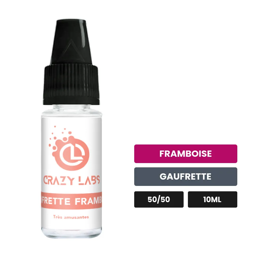 E-liquide Gaufrette Framboise de Crazy Labs, 10 ml, saveurs framboise et gaufrette, sans nicotine de nicotine.