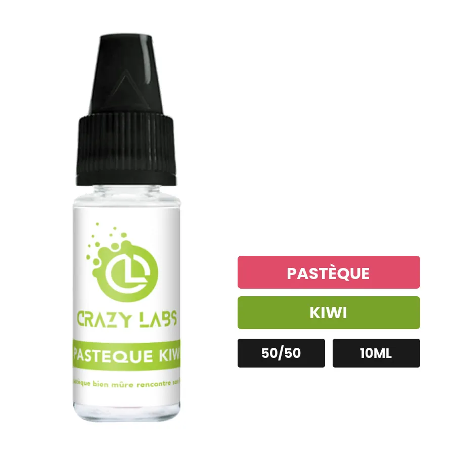 E-liquide Pastèque Kiwi de Crazy Labs, 10 ml, saveurs pastèque et kiwi, sans nicotine de nicotine.