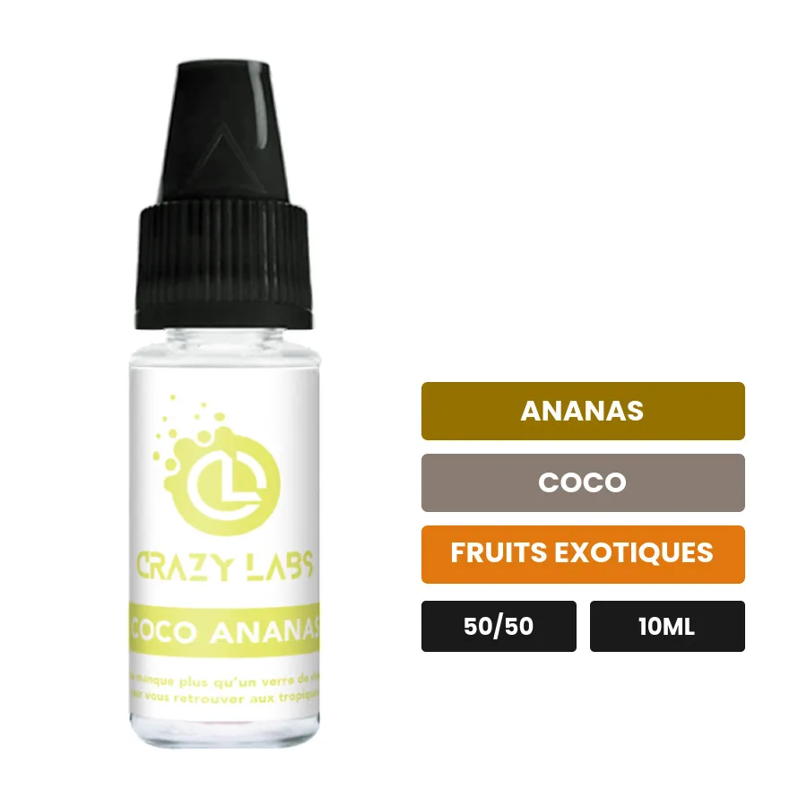 E-liquide Coco Ananas de Crazy Labs, 10 ml, saveurs ananas, coco et fruits exotiques, 10 mg de nicotine.