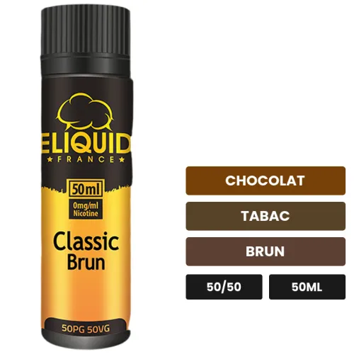 E-liquide Classic Brun d'Eliquid France, 50 ml, saveurs chocolat, tabac et brun, sans nicotine — prêt à booster de nicotine.