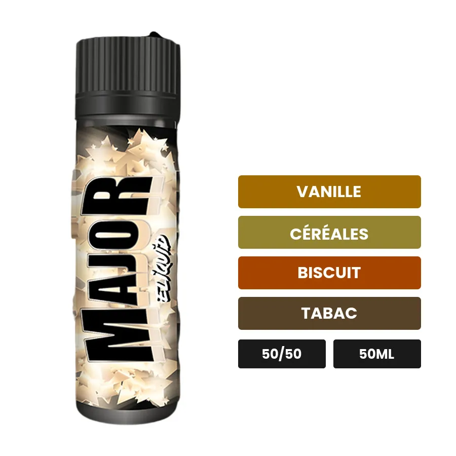 E-liquide Major d'Eliquid France, 50 ml, saveurs vanille, céréales, biscuit et 1 autre.
