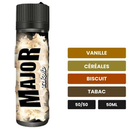 E-liquide Major d'Eliquid France, 50 ml, saveurs vanille, céréales, biscuit et 1 autre.