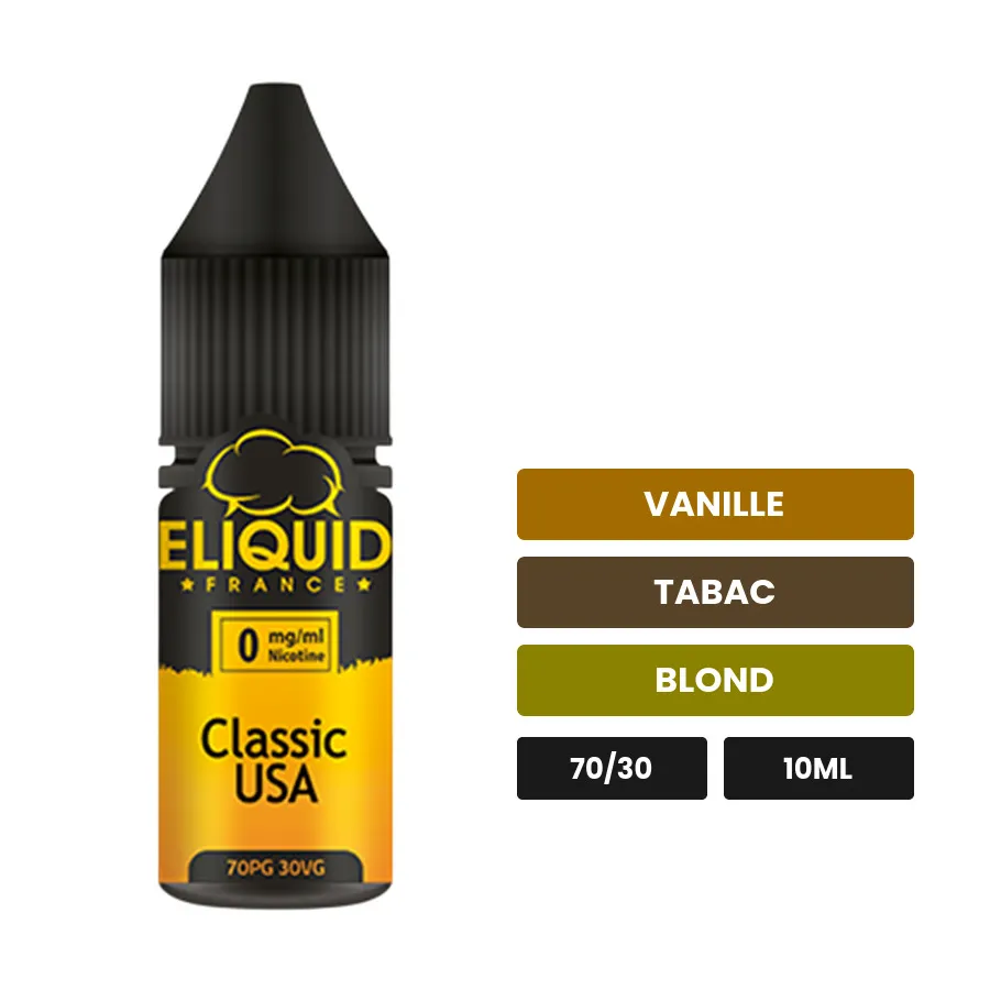 E-liquide Classic USA d'Eliquid France, 10 ml, saveurs vanille, tabac et blond.