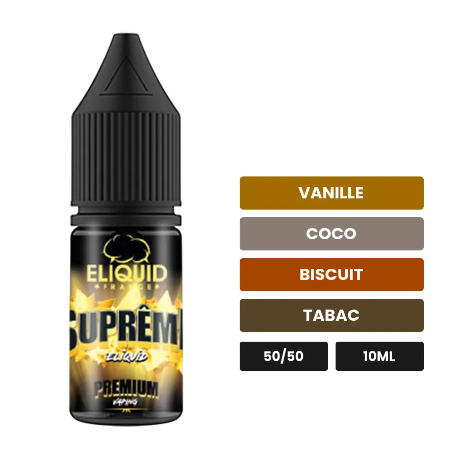 E-liquide Suprême d'Eliquid France, 10 ml, saveurs vanille, coco, biscuit et 2 autres.