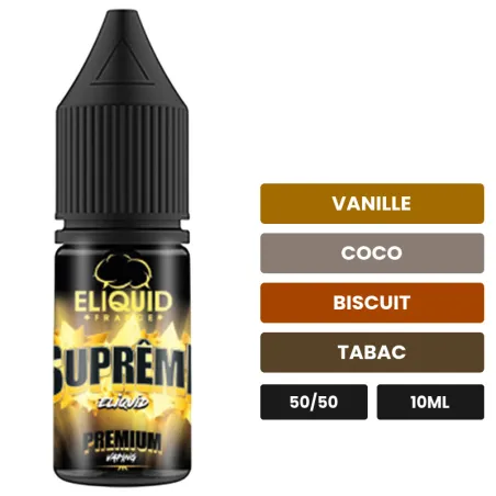 E-liquide Suprême d'Eliquid France, 10 ml, saveurs vanille, coco, biscuit et 2 autres.