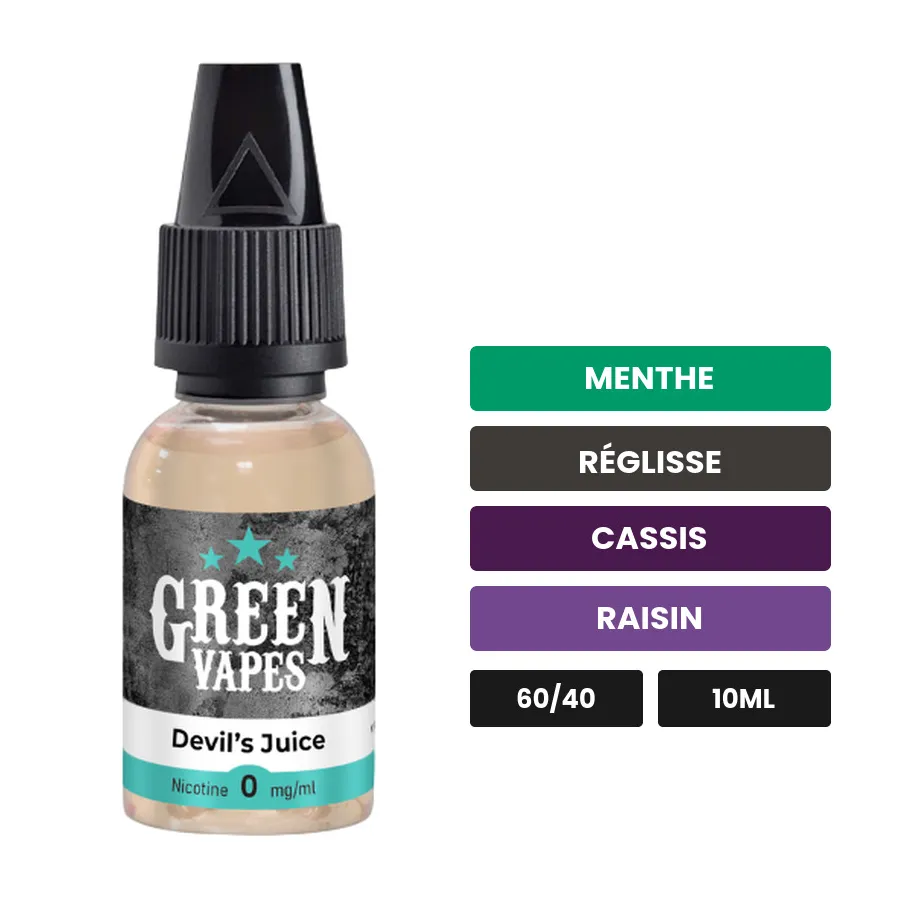 E-liquide Devil's Juice d'Eliquid France, 10 ml, saveurs menthe, réglisse, cassis et 4 autres.