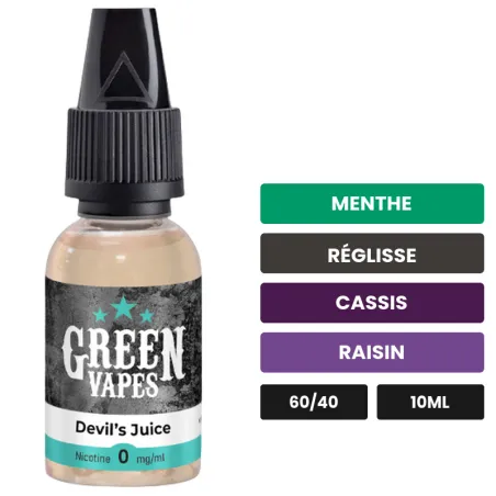 E-liquide Devil's Juice d'Eliquid France, 10 ml, saveurs menthe, réglisse, cassis et 4 autres.