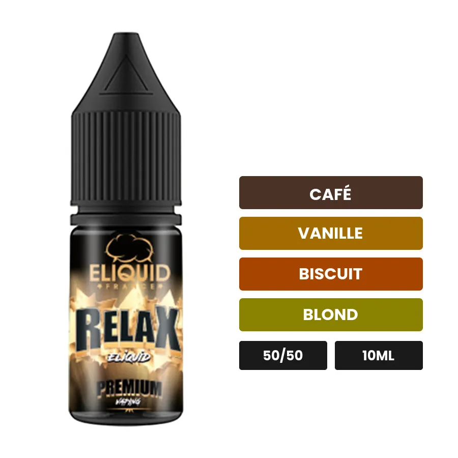 E-liquide Relax d'Eliquid France, 10 ml, saveurs café, vanille, biscuit et 1 autre.