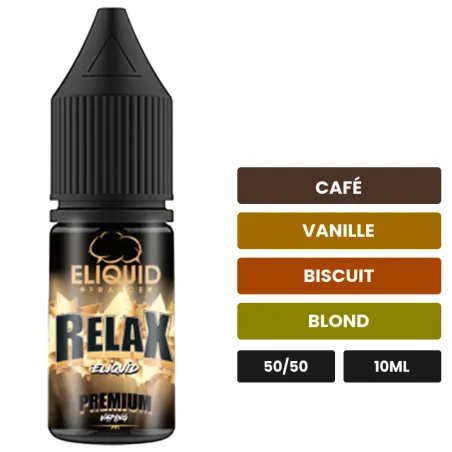 E-liquide Relax d'Eliquid France, 10 ml, saveurs café, vanille, biscuit et 1 autre.