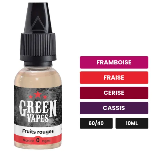 E-liquide Fruits Rouges d'Eliquid France, 10 ml, saveurs framboise, fraise, cerise et 2 autres.