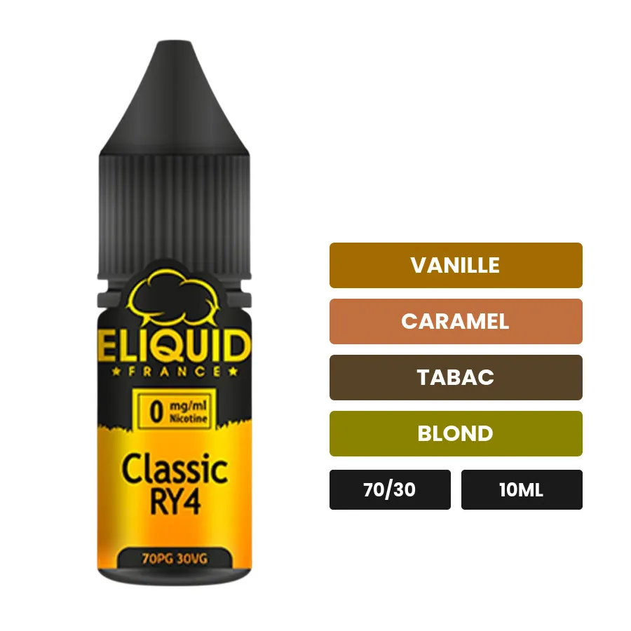 E-liquide Classic RY4 d'Eliquid France, 10 ml, saveurs vanille, caramel, tabac et 1 autre.