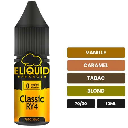 E-liquide Classic RY4 d'Eliquid France, 10 ml, saveurs vanille, caramel, tabac et 1 autre.