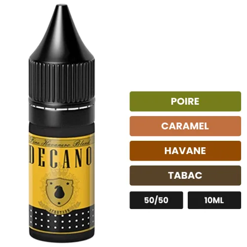 E-liquide Decano d'Eliquid France, 10 ml, saveurs poire, caramel, havane et 1 autre.