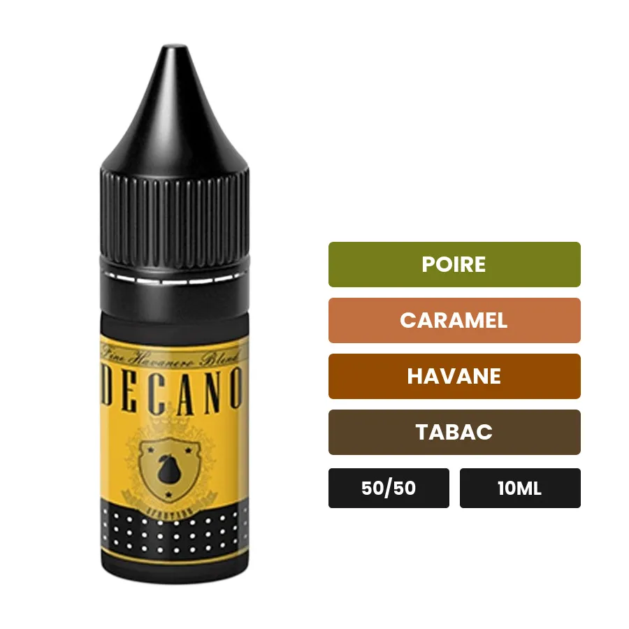 E-liquide Decano d'Eliquid France, 10 ml, saveurs poire, caramel, havane et 1 autre.