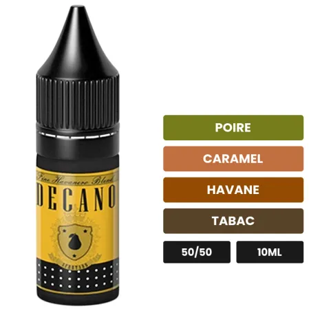E-liquide Decano d'Eliquid France, 10 ml, saveurs poire, caramel, havane et 1 autre.
