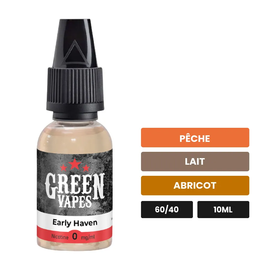 E-liquide Early Haven d'Eliquid France, 10 ml, saveurs pêche, lait et abricot.