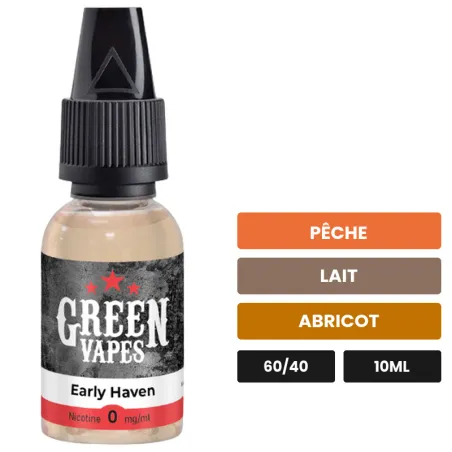 E-liquide Early Haven d'Eliquid France, 10 ml, saveurs pêche, lait et abricot.