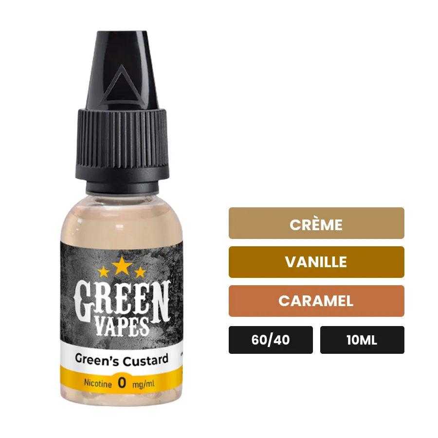 E-liquide Green's Custard d'Eliquid France, 10 ml, saveurs crème, vanille et caramel.