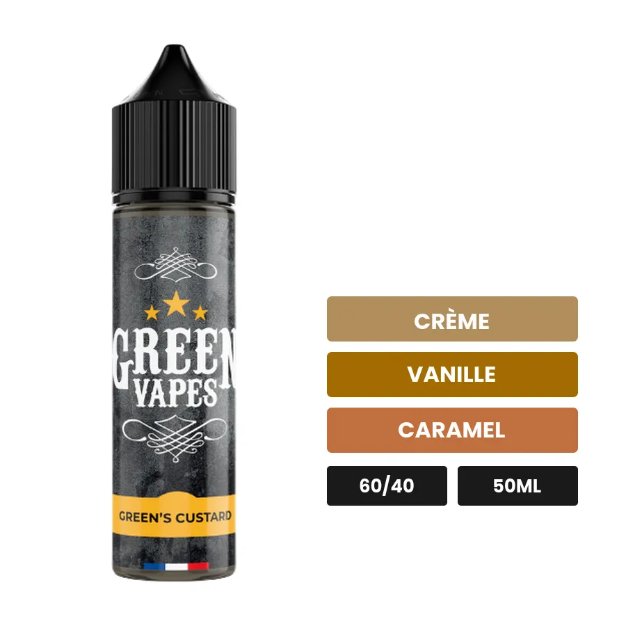 E-liquide Green's Custard d'Eliquid France, 50 ml, saveurs crème, vanille et caramel.