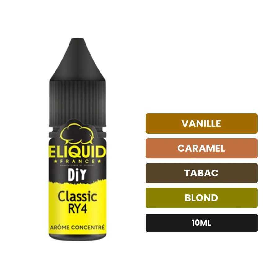 Arome concentre Classic RY4 d'Eliquid France, 10 ml, saveurs vanille, caramel, tabac et 1 autre.