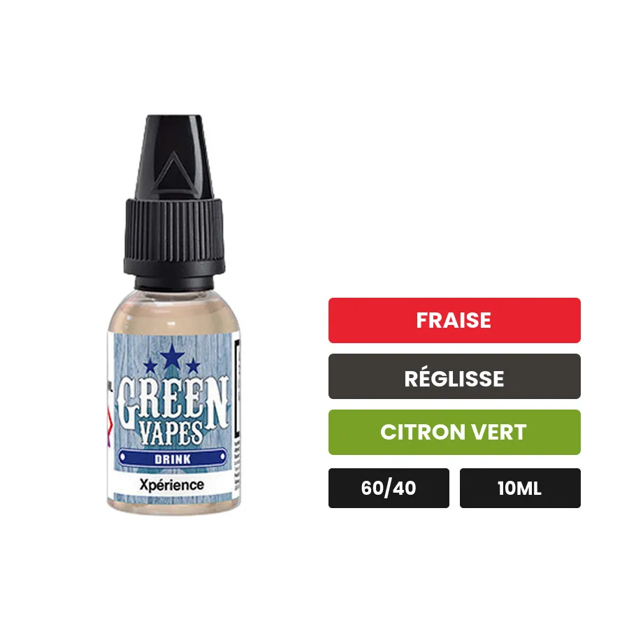 E-liquide Xpérience d'Eliquid France, 10 ml, saveurs fraise, réglisse et citron vert.