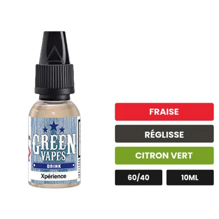 E-liquide Xpérience d'Eliquid France, 10 ml, saveurs fraise, réglisse et citron vert.