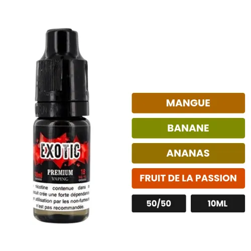 E-liquide Exotic d'Eliquid France, 10 ml, saveurs mangue, banane, ananas et 2 autres.