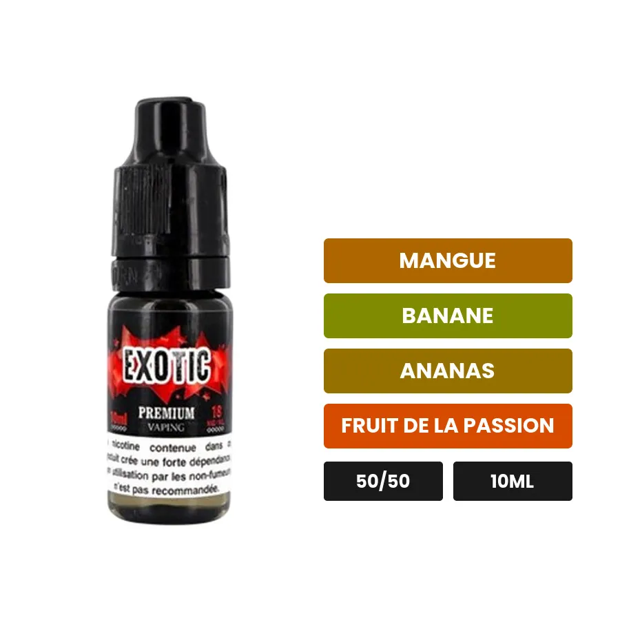 E-liquide Exotic d'Eliquid France, 10 ml, saveurs mangue, banane, ananas et 2 autres.