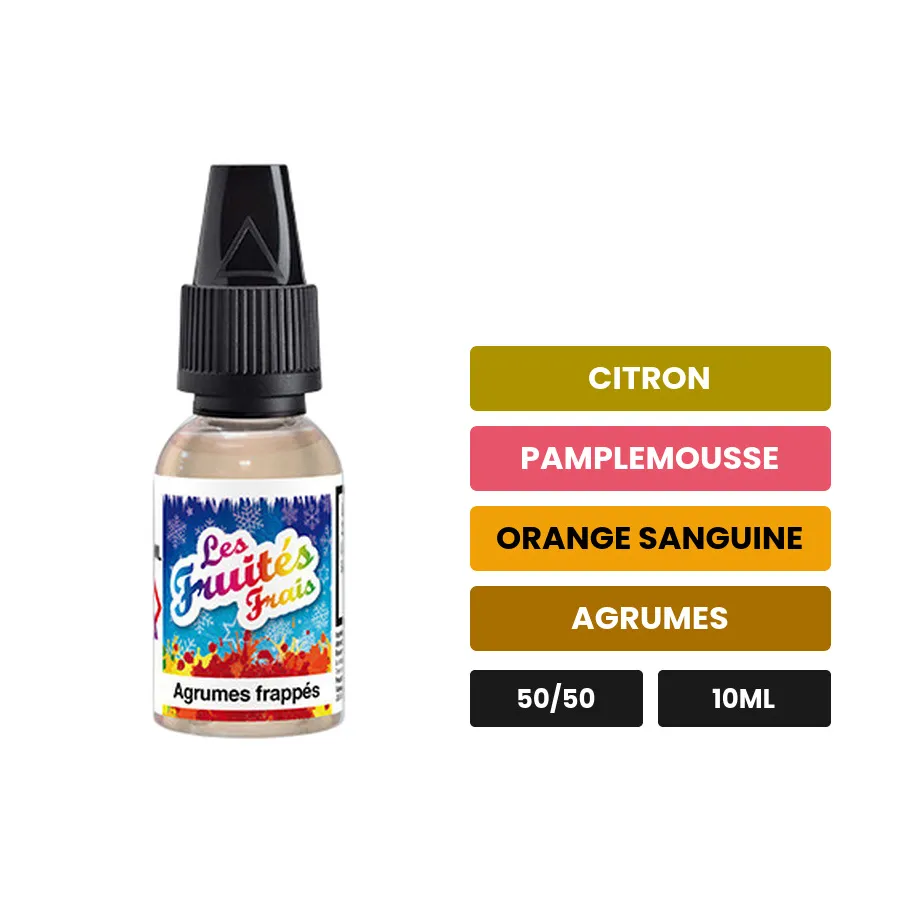 E-liquide Agrumes Frappés d'Eliquid France, 10 ml, saveurs citron, pamplemousse, orange sanguine et 2 autres.