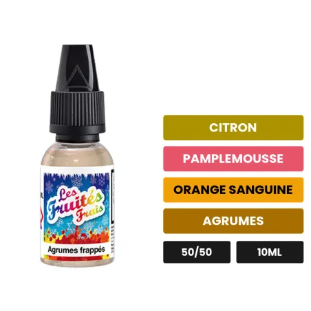 E-liquide Agrumes Frappés d'Eliquid France, 10 ml, saveurs citron, pamplemousse, orange sanguine et 2 autres.