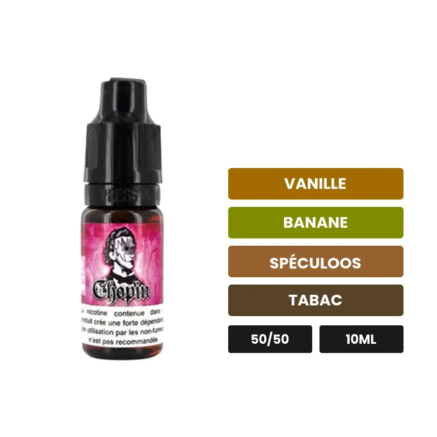E-liquide Chopin d'Eliquid France, 10 ml, saveurs vanille, banane, spéculoos et 1 autre.
