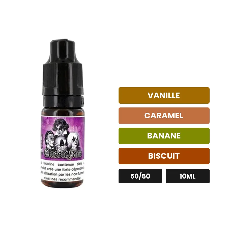E-liquide Classic Kiss d'Eliquid France, 10 ml, saveurs vanille, caramel, banane et 2 autres.