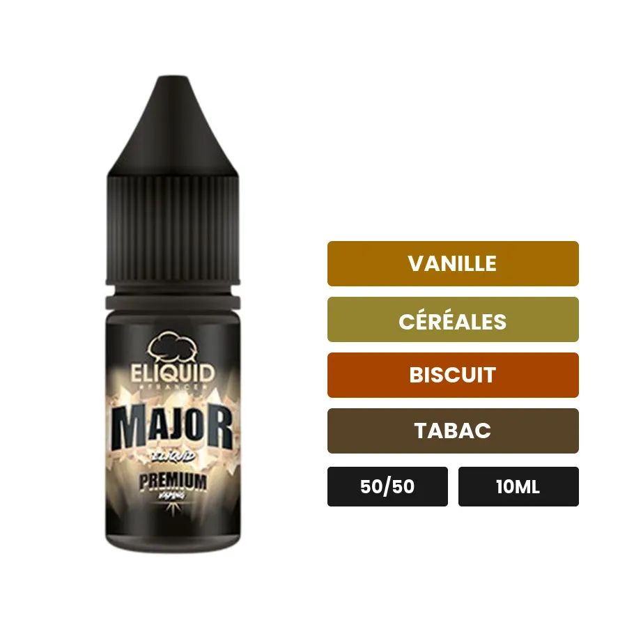 E-liquide Major d'Eliquid France, 10 ml, saveurs vanille, céréales, biscuit et 1 autre.