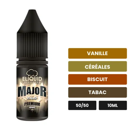 E-liquide Major d'Eliquid France, 10 ml, saveurs vanille, céréales, biscuit et 1 autre.