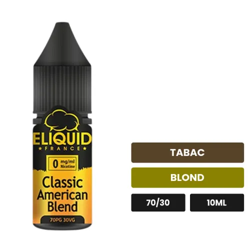 E-liquide Classic American Blend d'Eliquid France, 10 ml, saveurs tabac et blond.