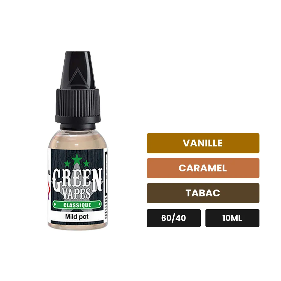 E-liquide Mild Pot d'Eliquid France, 10 ml, saveurs vanille, caramel et tabac.