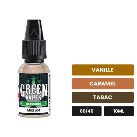 E-liquide Mild Pot d'Eliquid France, 10 ml, saveurs vanille, caramel et tabac.