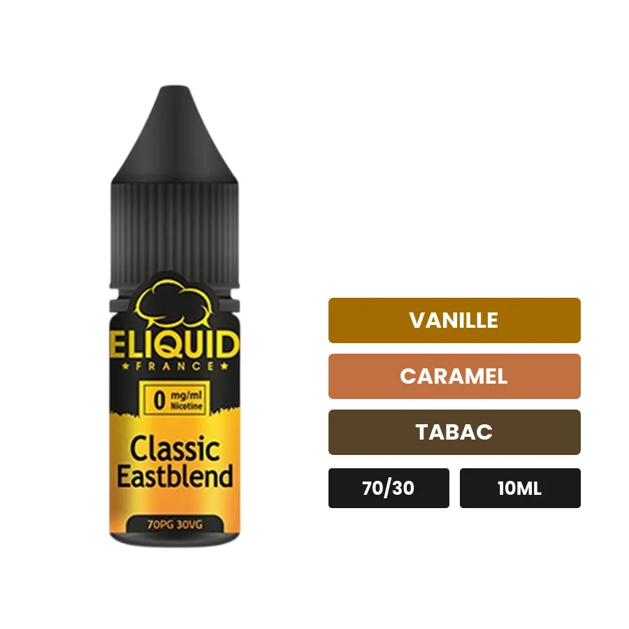 E-liquide Classic Eastblend d'Eliquid France, 10 ml, saveurs vanille, caramel et tabac.