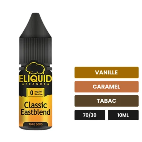 E-liquide Classic Eastblend d'Eliquid France, 10 ml, saveurs vanille, caramel et tabac.